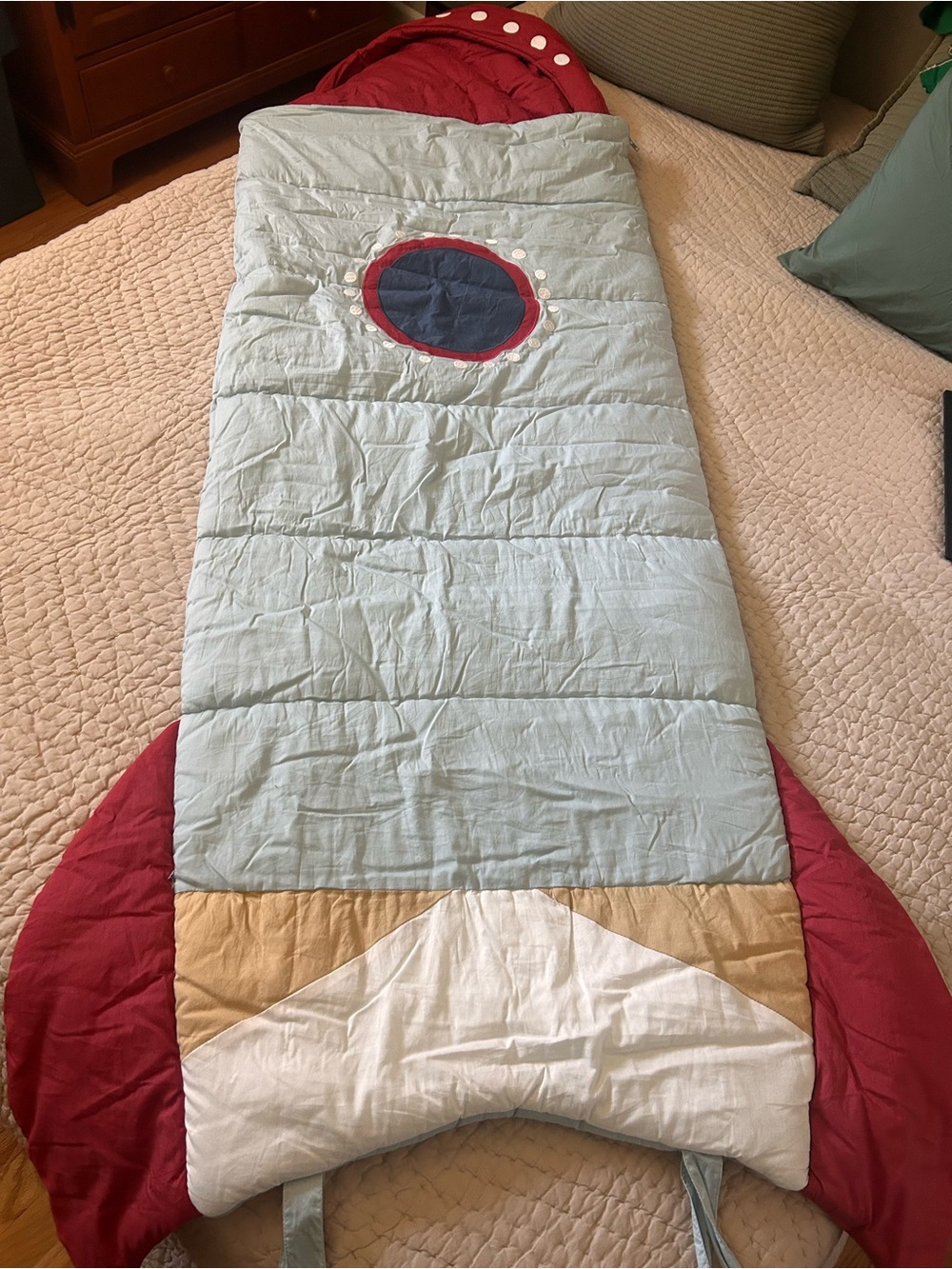 Pottery Barn Kids Rocket Ship Sleeping Bag - Light Blue & Red